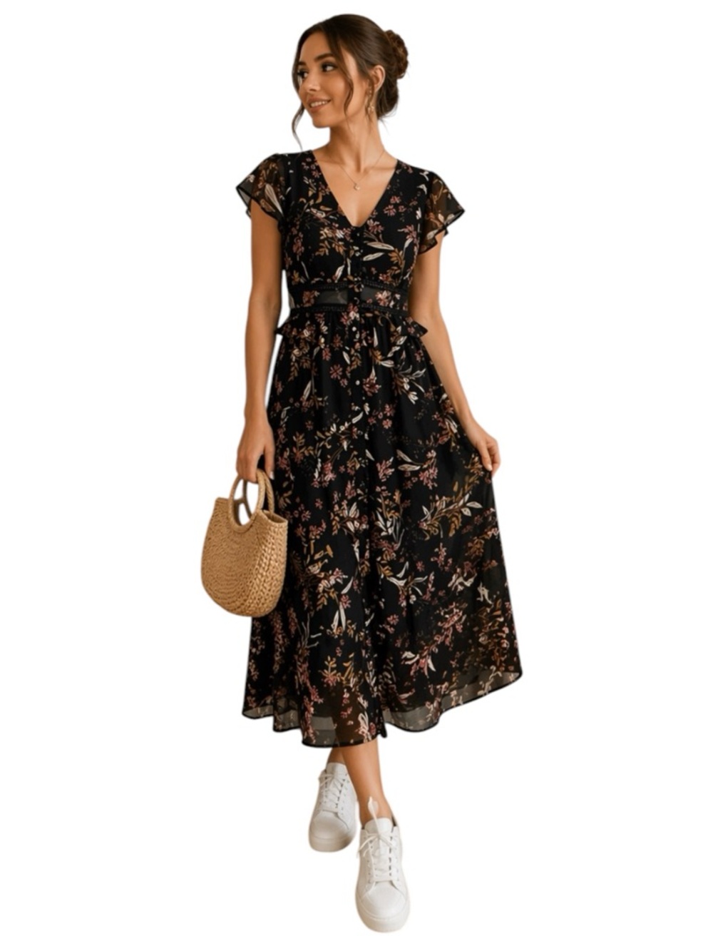 Japna Black Floral Midi Boho Cottagecore Flutter Sleeve Romantic Flowy Dress S